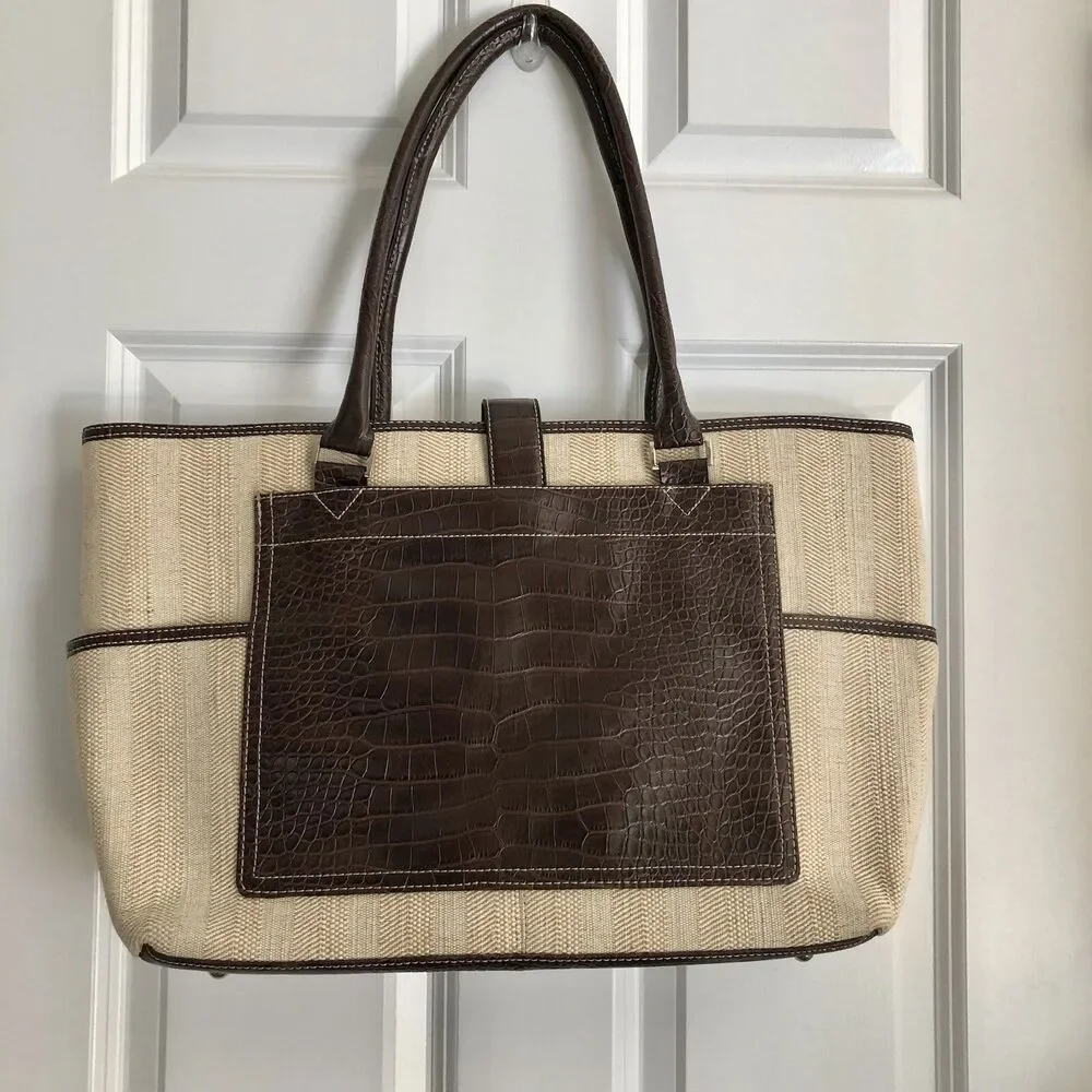 CROFT AND BARROW TOTE BAG LAPTOP BROWN/TAN SHOULDER CROCODILE & CAVANAS
